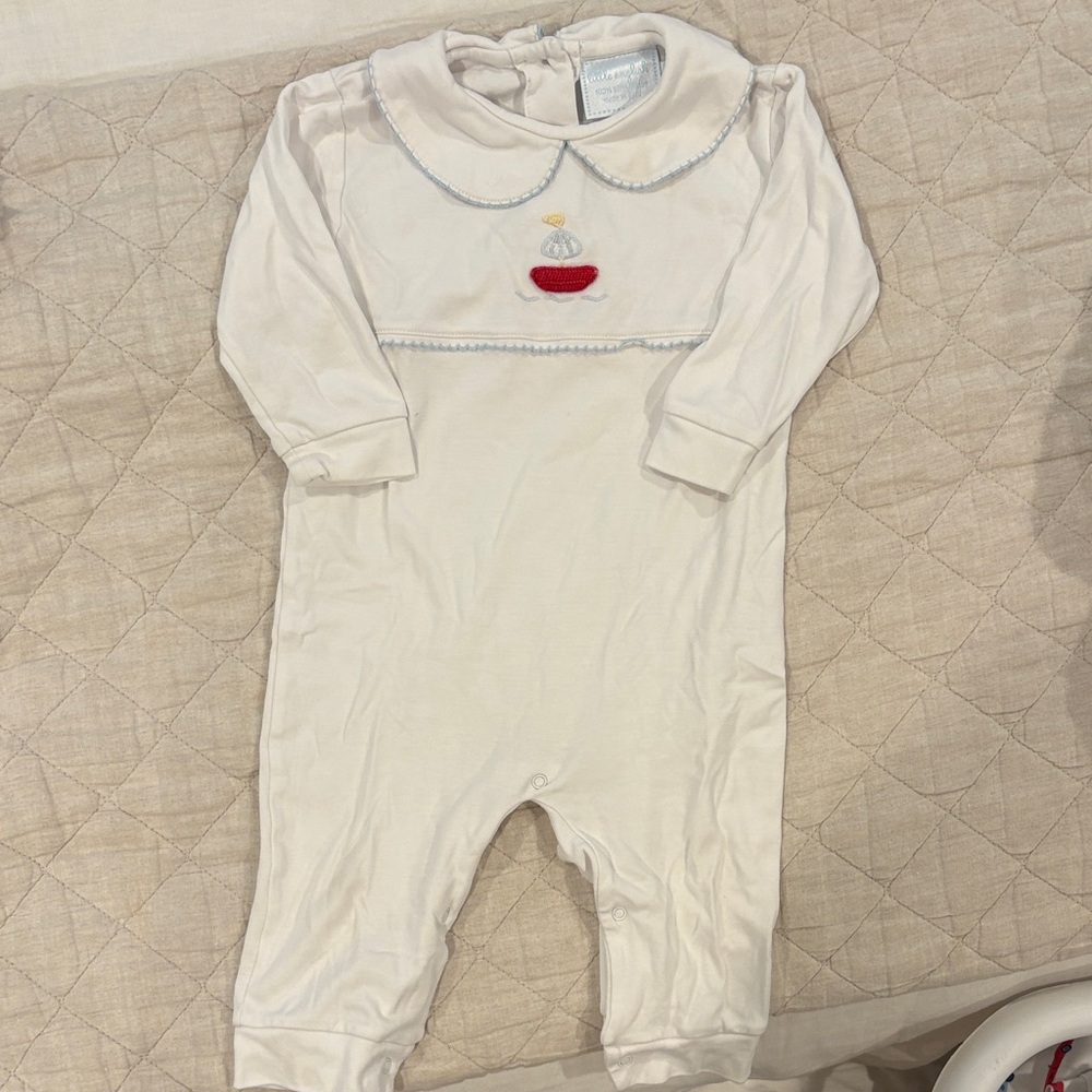 White Little English One Piece with Red Sailboat Embroidery in 12M
